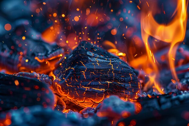 Intense Fire Flames and Sparks on Charcoal CloseUp