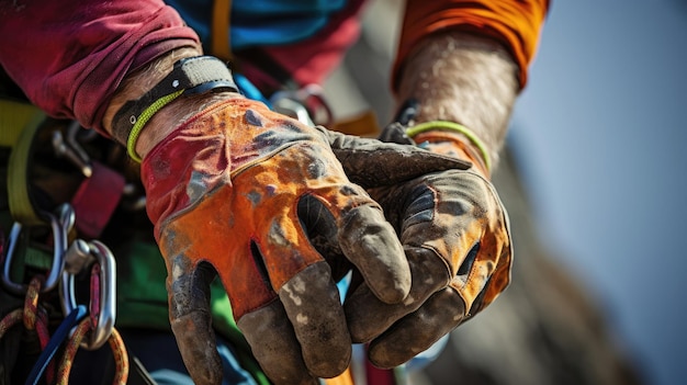 Intense focus closeup of mountaineer's hands gripping precipitous rock with colorful climbing gloves