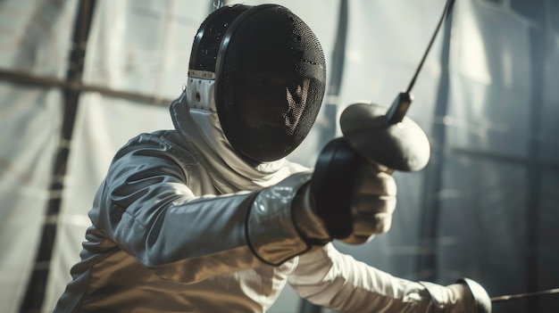 Photo intense focus of professional fencer in full gear ready for bout