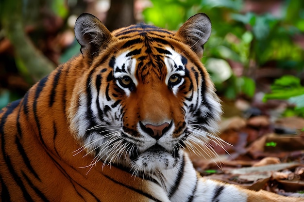 Intense gaze of Bengal tiger captivates amidst forest scenery