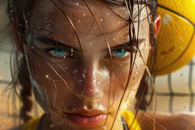 Intense Gaze of Female Volleyball Player with Yellow Ball and Beach Setting