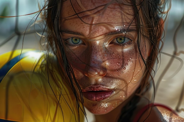 Intense Gaze of Female Volleyball Player with Yellow Ball and Beach Setting