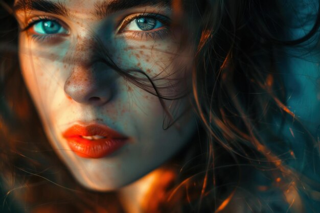 Intense gaze portrait of a woman with mesmerizing blue eyes