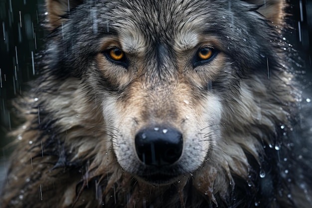 Intense gaze of a wet wolf in rain