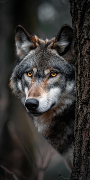 Intense gaze of a wolf peeking from behind a tree