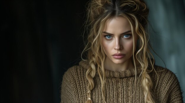 Intense Gaze of a Woman With Blonde Curly Hair in Knitted Sweater