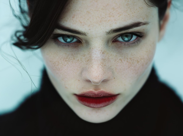 Intense gaze of a woman with striking blue eyes and freckles