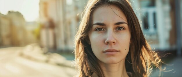 Intense gaze of a young woman her portrait basked in the glow of a sunset city