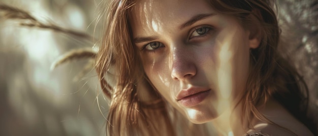 Intense gaze of a young woman highlighted by natural light and shadow play