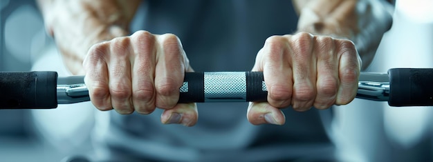 Intense gym workouts close up of hands on rowing machine in bright minimalistic setting