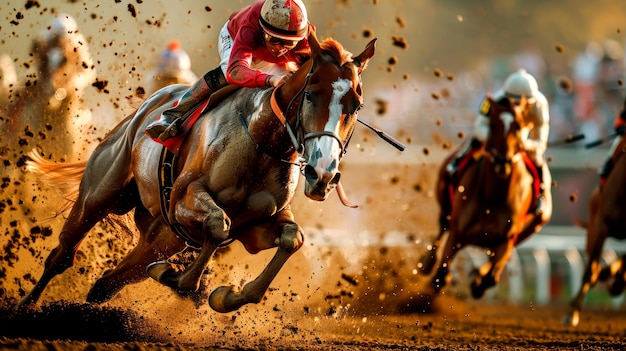 Intense Horse Racing Moment Captured on Muddy Racetrack