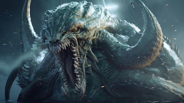 Intense kaiju like lizard monster in a violent ocean Giant monster Kraken attacks Cthulhu octopus