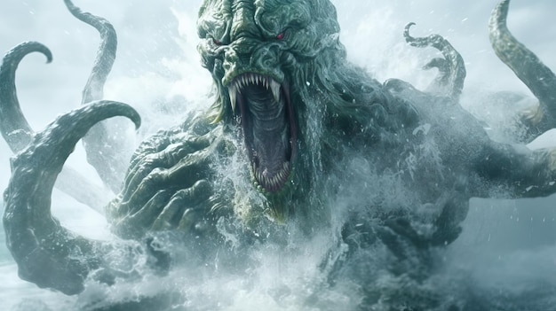 Intense kaiju like lizard monster in a violent oceanGiant monster Kraken attacks Cthulhu octopus