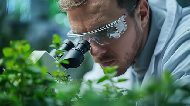 Intense male biologist in lab coat and protective glasses closely studying plant life with a modern