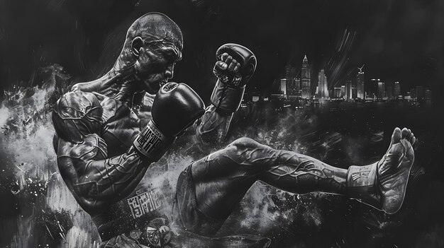 Photo intense muay thai fighter executing powerful roundhouse kick in dynamic charcoal sketch