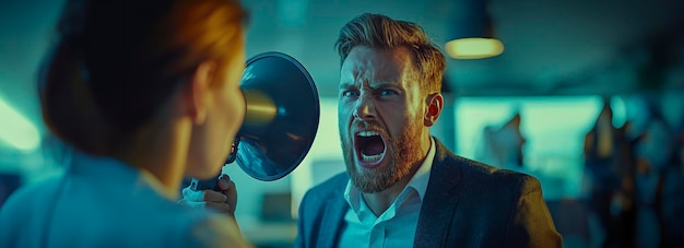 Photo intense office confrontation ceos megaphone tirade sparks workplace tension and business conflict in closeup shot