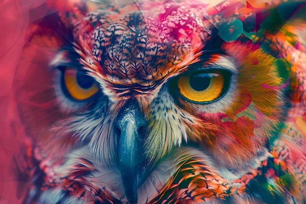 Intense owl gaze in vivid abstract artwork