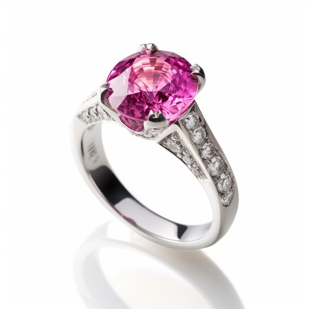 Intense pink sapphire ring on white background generative AI