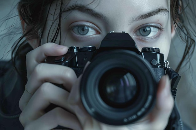 Intense Portrait of Female Photographer with Camera CloseUp Shot Capturing Artistic Expression