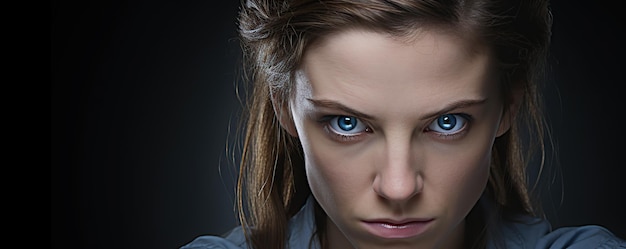 Intense portrait of a woman with piercing blue eyes illuminated against a dark background