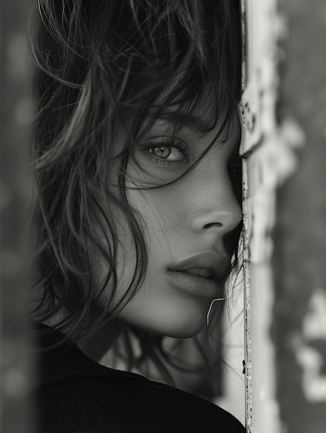 Photo intense portrait of a young woman with dramatic lighting and textured background