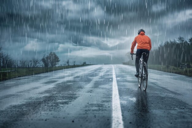 Photo intense and rainy scene with a lone cyclist riding along an open road braving the weather under a stormy dramatic sky