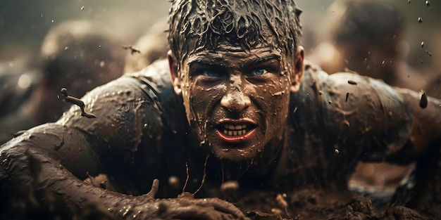 Intense Rugby Match in a Muddy Stadium with Aggressive Tackling Players Concept Rugby Match Muddy Stadium Aggressive Tackling Intense Competition Athletic Performances