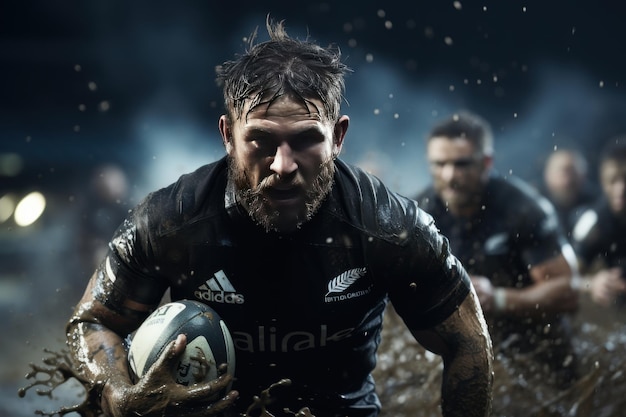 Intense rugby player prepares for match in dimly lit stadium