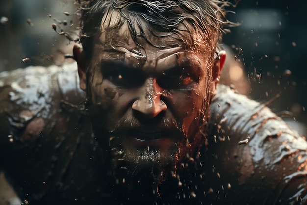 Intense rugby player sprinting through muddy field at night