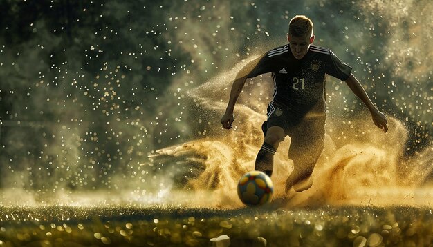 Photo intense soccer moment skillful player controlling the ball midgame