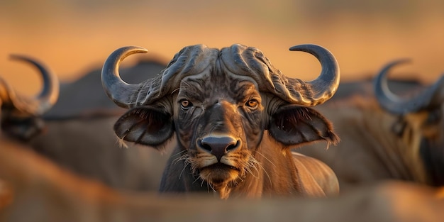 Intense standoff between buffalo herd and lion pride tension rises as they lock eyes Concept Wildlife Photography Safari Encounters Animal Behavior Nature Documentary Predatory Instincts