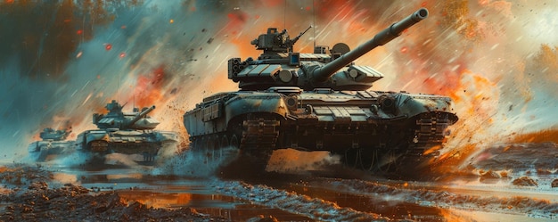 Intense tank battle scene with explosions and dynamic action in a war zone