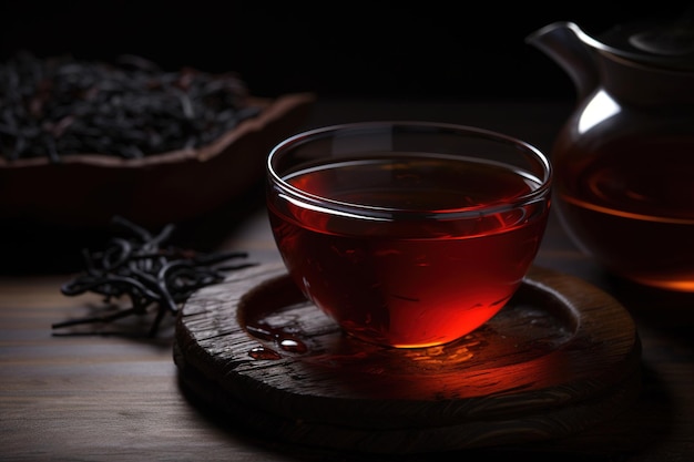 Intense tea in glass cup on board Da Hong Pao Chinese tea ceremony Generative AI