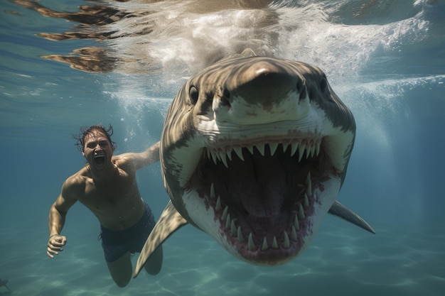 Intense underwater drama as a shark attacks a man in a gripping and perilous aquatic encounter