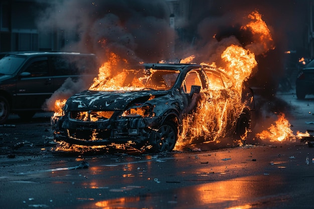 Photo intense vehicle fire on urban street with ai generated