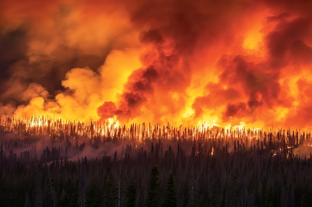 Intense Wildfire Engulfing a Forest at Dusk