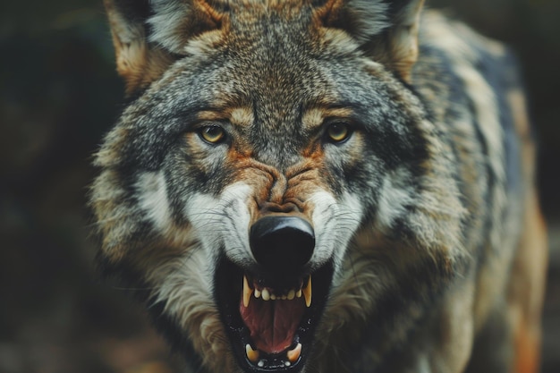 Intense wolf portrait with open jaws