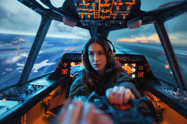 Photo intense woman in flight simulator showcasing skill and energy