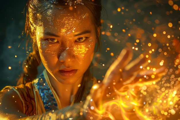 Intense Young Woman with Glowing Skin Holding Brilliant Fire Sparks in Dark Setting