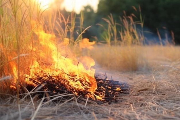 Intensity of spring forest fires with dry grass flames raging ecological danger posed by fire