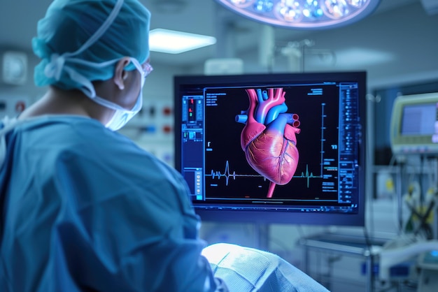 In intensive care unit room physician examines heart of patient after he has had heart attack using