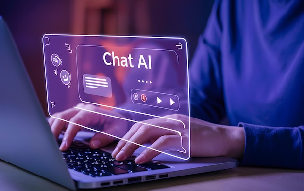 Interactive AI Chat Using a Laptop to Connect with Futuristic Artificial Intelligence Technology