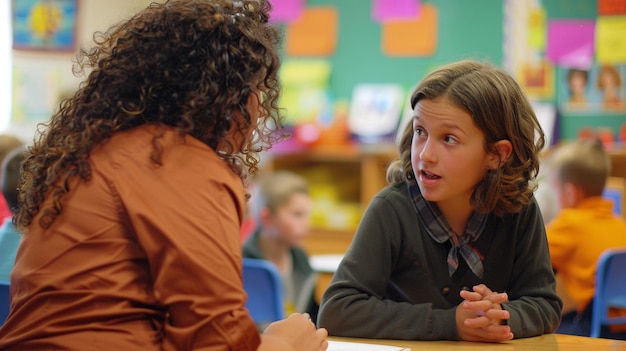 Photo interactive classroom teacher engages with student