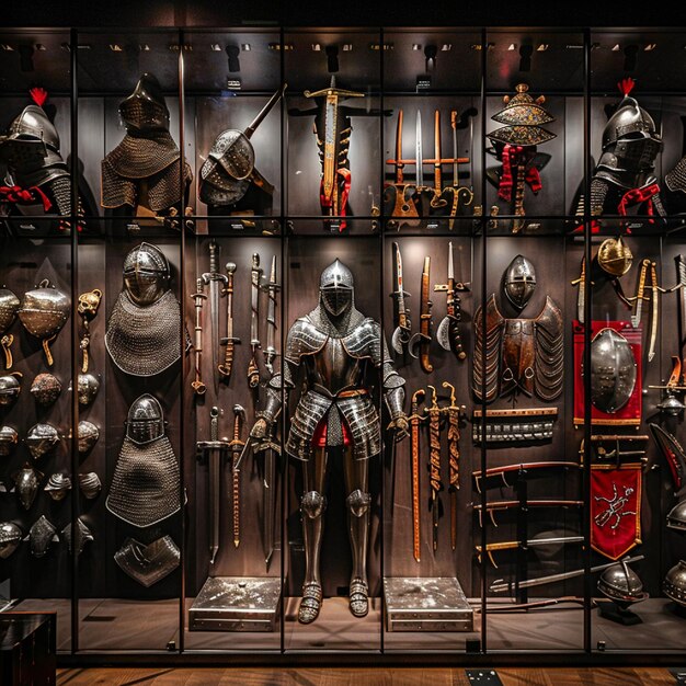 Photo interactive display of medieval armor and weapons