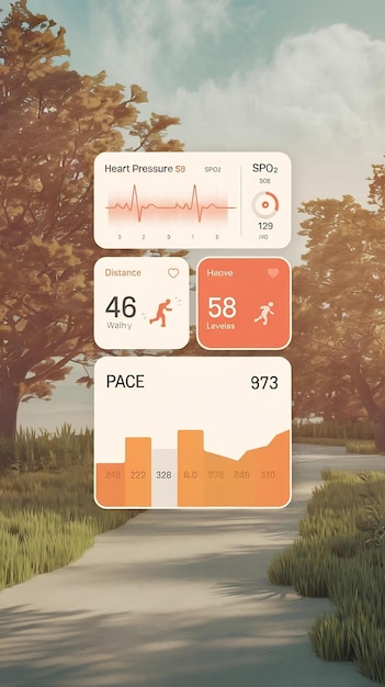 Photo interactive interface mockup displaying real time heart rate blood pressure distance pace calor