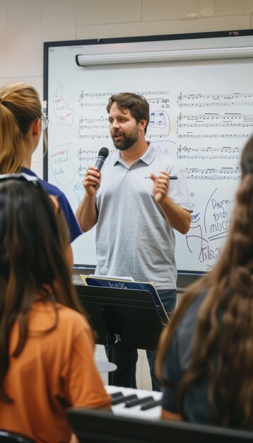 Interactive Music Theory Class at School with Teacher Explaining Notations on Whiteboard