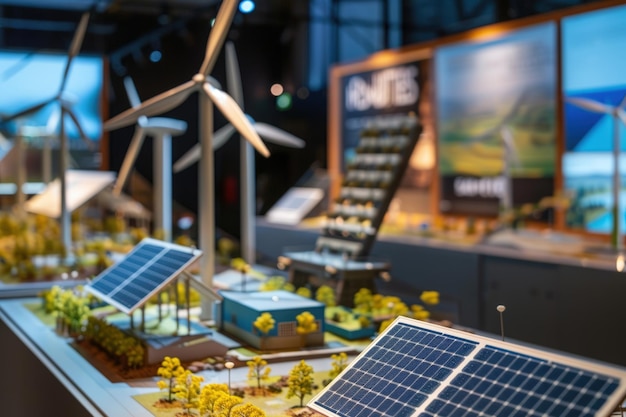 Interactive Renewable Energy Display at Museum Featuring Solar Panels Wind Turbines Hydroelectric Systems