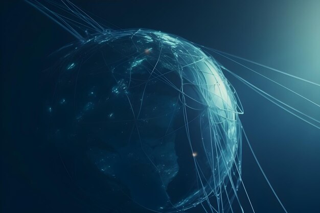 Interconnected Global Communication and Financial Technology Network Visualized as Glowing Digital Sphere