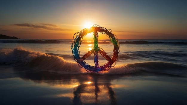 Photo interconnected hands forming a peace symbol with a rising sun for international day of peace