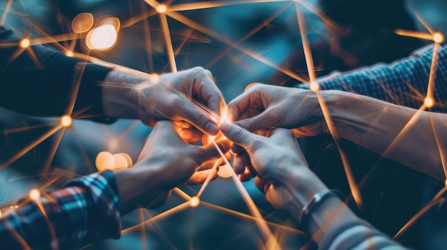 Photo interconnected hands with a network of golden lines